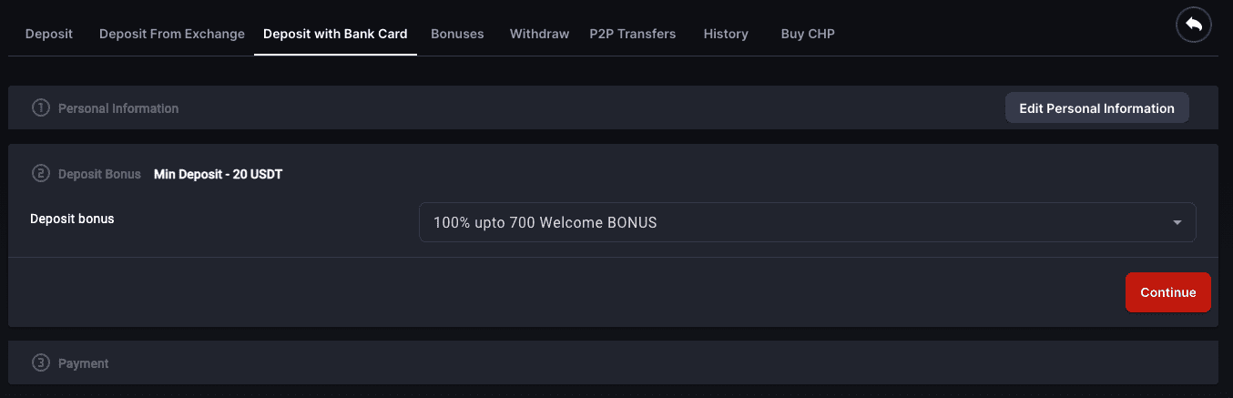 Choose the bonus you want to apply before completing your deposit.