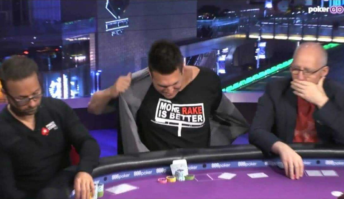 Doug Polk expressed his criticism of Daniel Negreanu by wearing a "More Rake is Better" shirt at the 2018 Super High Roller Bowl.