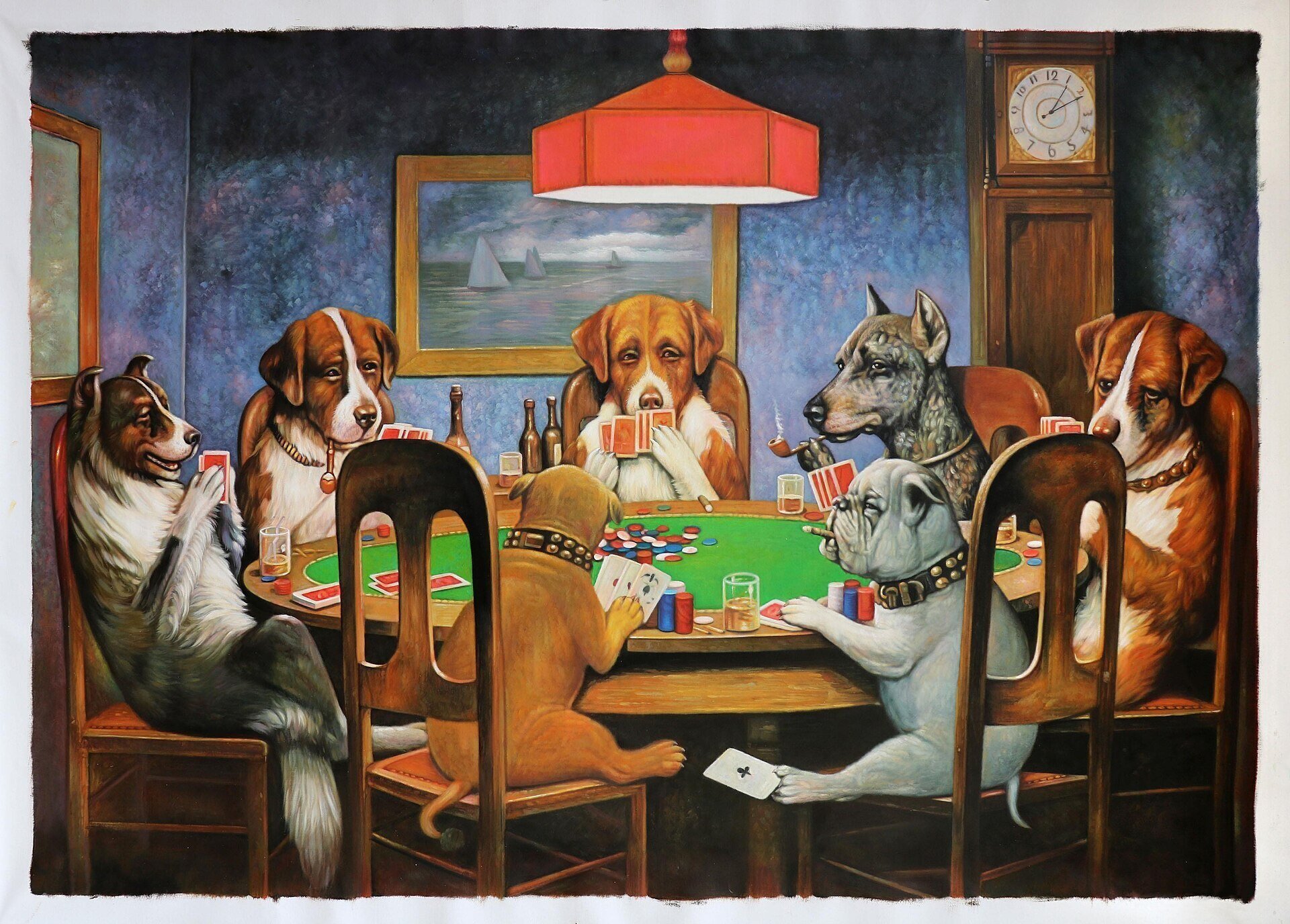 A Friend in Need – the most iconic painting in the Dogs Playing Poker series, showing a dog secretly passing an ace to his partner at the poker table.
