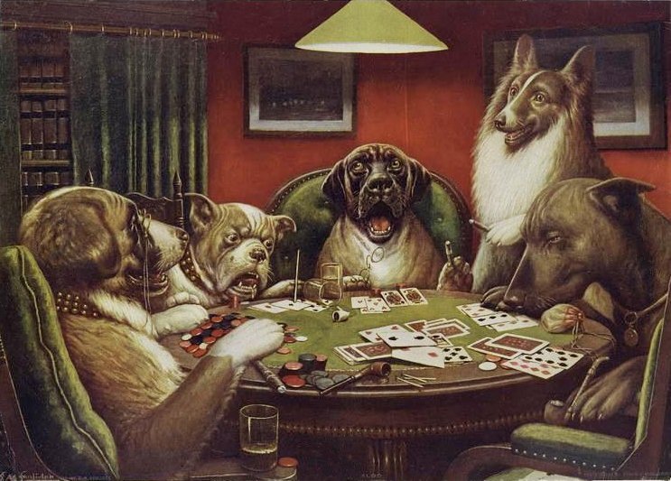 Waterloo – a painting by Cassius Marcellus Coolidge from the Dogs Playing Poker series, showing a Saint Bernard winning the pot after a successful bluff.