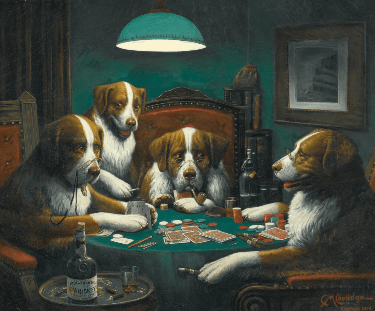 Poker Game – the first painting in the Dogs Playing Poker series, featuring dogs gathered around a poker table in a tense card game.