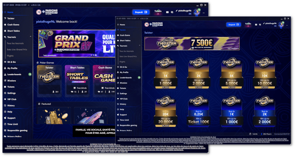 Screenshot of the new iPoker desktop client showing the updated Twister lobby and main navigation menu with modern design, left-hand game categories, and promotional banners.