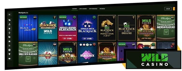 Wild Casino online blackjack games lobby showing multiple blackjack variants including single deck and multi-hand tables
