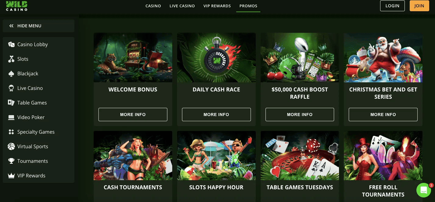 Wild Casino homepage interface showcasing slots, live dealer games, and promos