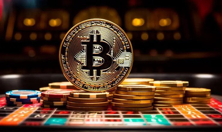 Bitcoin coin on casino chips on a roulette table, representing BTC casino slots and crypto gambling in 2026
