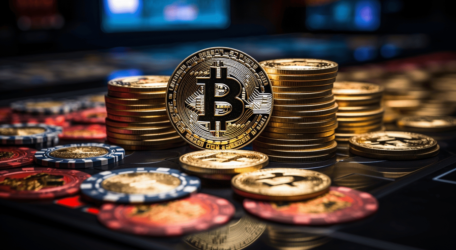 Bitcoin coins and casino chips on a baccarat table, representing crypto baccarat and BTC casino gambling