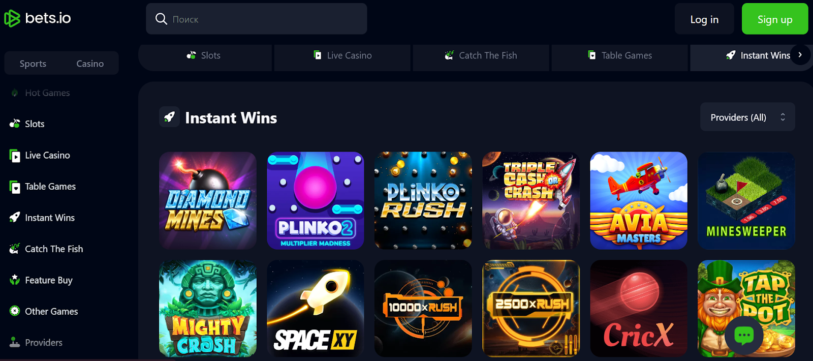 Bets.io game library featuring crypto slots, instant win games, live casino titles, and multiple gaming categories from leading providers