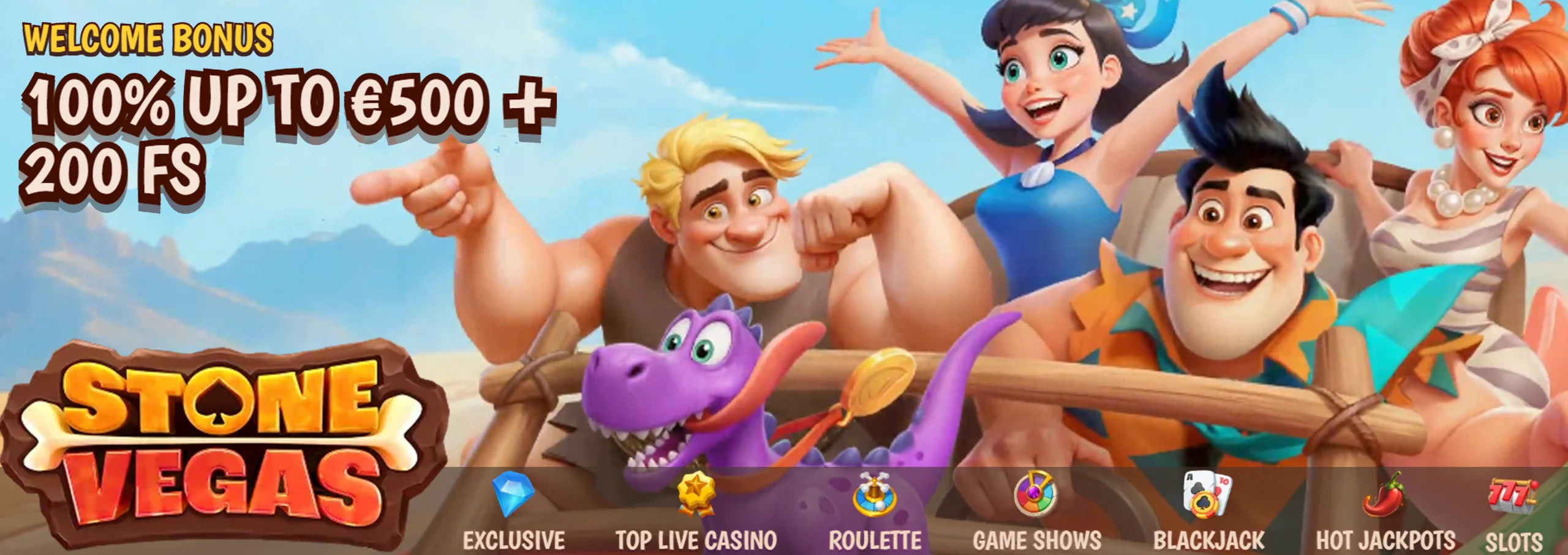 StoneVegas Casino banner with cartoon cavemen characters, a purple dinosaur, and a 100% up to €500 plus 200 free spins welcome bonus